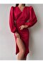 Satin Front Gathered Slit Midi Dress - 4