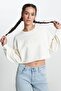 Regular Fit Regular Cut Crew Neck 100% Cotton Women's Ecru Crop Logo Sweatshirt - 2