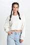 Regular Fit Regular Cut Crew Neck 100% Cotton Women's Ecru Crop Logo Sweatshirt