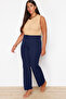 Lacivert Straight/Düz Kesim Yüksek Bel Nervür Dikişli Dokuma Pantolon TBBSS22PL0301 - 2