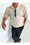 Lace-Like Knit Beige 100% Knitwear Classic Regular Fit Casual Knit Polo Collar T-Shirt - 2