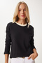 Women's Black Contrast Color Collared Cotton Knitted Basic Blouse Nj00157