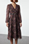 Brown Floral Belted A-Line Double-Breasted Collar Boho Patterned Chiffon Midi Woven Dress TWOAW24EL00660 - 4