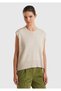 Women's Beige Wool and Viscose Blend Crew Neck Sleeveless Sweater