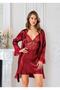 Satin Nightgown Dressing Gown Set of 2 Lace and Laced Claret Red 1610