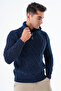 Navy Blue Men's Fur Collared Short Placketed Buttoned Braided Hair Knitted Sweater Trist-5345 - 2