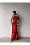 Red Strapless Feather Detailed Slit Dress - 4