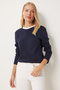Women's Navy Blue Contrast Color Collared Cotton Knitted Basic Blouse Nj00157 - 2