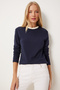 Women's Navy Blue Contrast Color Collared Cotton Knitted Basic Blouse Nj00157