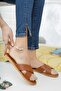 Women's Daily Leather Slippers Tan Dowry Bundle Guest Sea Home Beach Holiday Slippers - 4