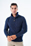 Navy Blue Men's Fur Collared Short Placketed Buttoned Braided Hair Knitted Sweater Trist-5345