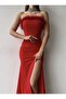 Red Strapless Feather Detailed Slit Dress