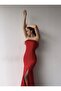 Red Strapless Feather Detailed Slit Dress - 5