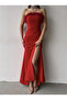 Red Strapless Feather Detailed Slit Dress - 3