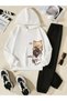 Children's White Hooded Hi Cats Printed Sweatshirt Tracksuit Set White-Black