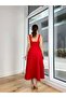 Red Thick Strap Square Collar Midi Dress - 3