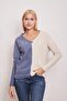 Fleece Towel V-Neck Double Color Long Sleeve Sweat-indigo Cream - 4