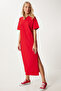 Women's Red Cotton Summer Casual Combed Dress Ub00080 - 3