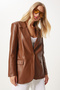 Tan Women's Oversize Faux Leather Blazer - Fn03319