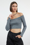 Dark Gray Fitted/Super Crop Carmen Collar Ribbed Stretch Knitted Blouse Twoaw23Bz00482 - 2