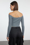 Dark Gray Fitted/Super Crop Carmen Collar Ribbed Stretch Knitted Blouse Twoaw23Bz00482 - 5