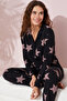 Star Patterned Black Cotton Pajama Set - Buttoned