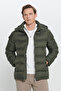 Men's Khaki Standard Fit Regular Cut Out Hood Stand Collar Coat