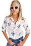 Women's Floral Navy Blue Folded Sleeve Linen Shirt with Buttons - 2