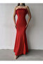Red Strapless Feather Detailed Slit Dress - 2