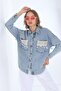 Women's Blue Pocketed Tasseled Colorful Ethnic Seasonal Buttoned Long Denim Jacket A36-083 - 4