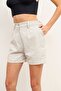 Linen Women's Bermuda Shorts - Striped and Pocketed, Cream Color - 5