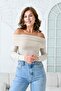 Women's Beige Sandy Fabric Madonna Collar Long Sleeve Blouse 12252 - 4