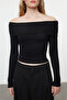 Siyah Carmen Yaka Fitted/Vücuda Oturan Crop Esnek Örme Bluz TWOAW25BZ00008 - 7