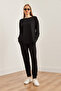 Women's Black Soft Textured Bottom and Top Crystal Tracksuit Set Etkm-0000064 - 2