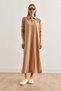 Women's Camel Polo Neck Long Sleeve Slit Twirl Dress Elb- 19002246 - 2