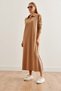 Women's Camel Polo Neck Long Sleeve Slit Twirl Dress Elb- 19002246 - 4