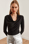 Women's Black Degaje Collar Draped Blouse Blz-19002713