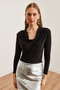 Women's Black Degaje Collar Draped Blouse Blz-19002713 - 2