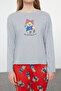 Kadın Gri Melanj Pamuk Karışımlı Ayıcıklı Örme Pijama Takımı THMAW25PT00165 - 4