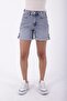 Double Layered Regular Waisted with Pockets and Unlined Mom Fit Women's Jeans Shorts Snow Wash Blue Denim