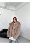 Women's Fleece Collar Pocketed Fur Coat with Snap Closure Short Length Imported Lined Fur Coat Sgt1007 - 3