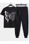 Butterfly Sweatpants T-shirt - Black Jogger T-Shirt Bottom Top Tracksuit Set Oversize Crew Neck - 2