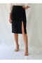 Women's Deep Slit Midi Size Woven Black Skirt - 2