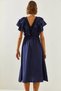 Women's Navy Blue Lined Ruffle Detailed V-Neck Gipeli Airobin Linen Dress 5833 60251685 - 3