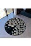 Dark Blue Beige Themed Floral Patterned Round Woven Base Modern Decorative Carpet 6049