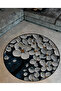 Dark Blue Beige Themed Floral Patterned Round Woven Base Modern Decorative Carpet 6049 - 2