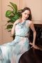 Water Green Salmon and White Patterned Pleated Dress - 3