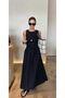Women's A-Line Maxi Linen Look Fabric Black Dress with Flared Skirt - 5