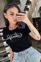 Plus Size Beautiful Lettered Crystal Stone Short Sleeve Crew Neck Stylish Cotton Black Women's T-Shirt