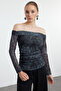 Anthracite Printed Tulle Boat Neck Fitted/Flex Knit Blouse Twoaw25Bz00119